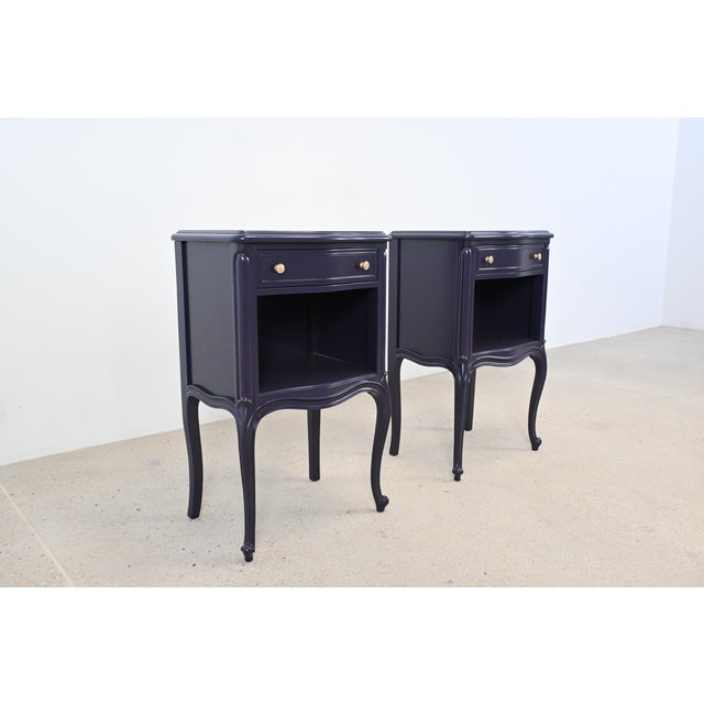 These elegant nightstands have been newly refinished in a rich dark plum hue, giving them a bold yet sophisticated...