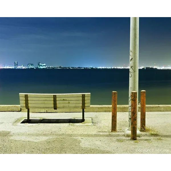 Contemporary Night Photograph "Bench and Poles" by John Vias For Sale