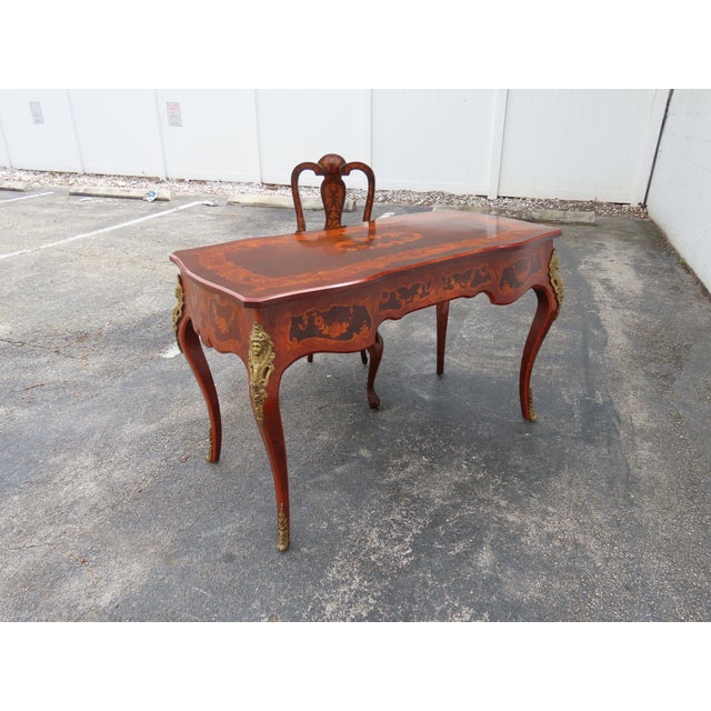 French Italian Inlay and Bronze Accent Desk and Chair 6340 For Sale - Image 4 of 18