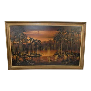 Mid 20th Century Tropical Palms Acrylic on Masonite Painting by Ervin