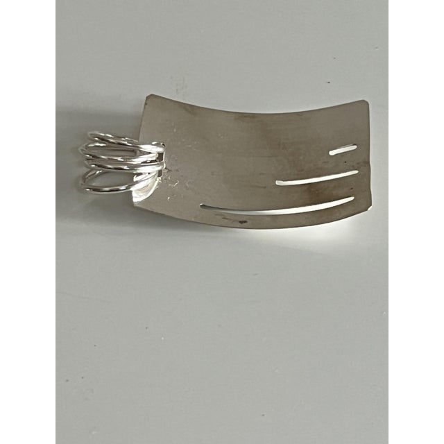 Mid-Century Modern Curved, Unique Brushed Texture, Distinctive Multiple-Ring Bail Sterling Silver Pendant, With Accentuated Pierce-Work Slots Cutout For Sale - Image 3 of 8
