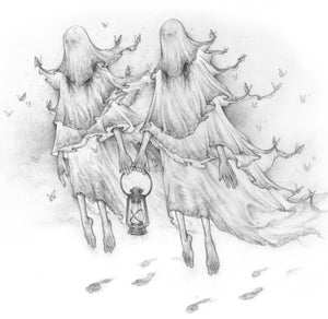 Wandering Ghost Sisters by Timothy Von Rueden | Graphite on Mixed Media Paper Two ghostly figures holding a lantern.
