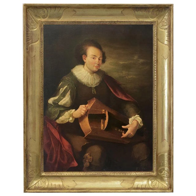 The painting by Giovanni Faliero depicts an elegant musician, his figure is well illuminated, accentuated by strong...