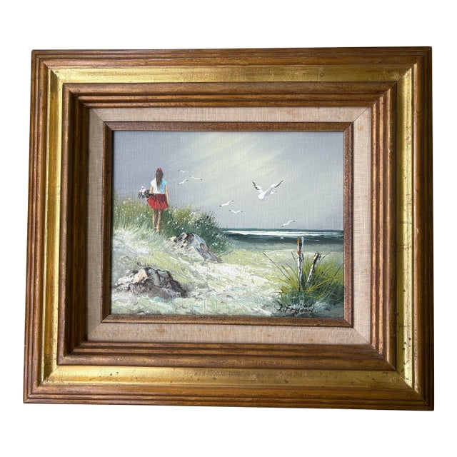 Vintage Signed J. Fenton Original Coastal Oil Painting With Gilt Wood Frame – Certified Artistic Interiors For Sale