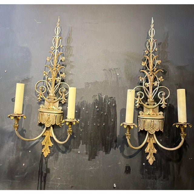 Neoclassical 1920 Caldwell Bronze and Silver Plated Sconces Leaf Design - a Pair For Sale - Image 3 of 7
