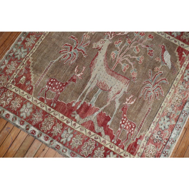 Folk Art Vintage Zabihi Collection Pictorial Turkish Deer Bird Square Rug - 4'6" x 4'8" For Sale - Image 3 of 7
