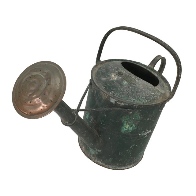 Large Early 1900s Antique Steel & Brass 1 Gallon Garden Watering Can - Sprinkler With Nice Original Green Paint For Sale In Boston - Image 6 of 13