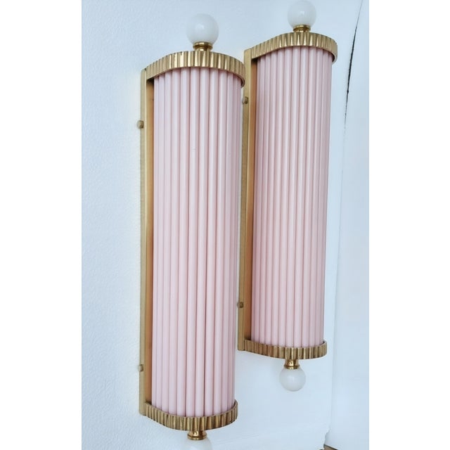 1940s Vintage Art Deco Light Old Lamp Wall Sconces Fixture Brass & Pink Glass Rod Ship Light - Pair For Sale - Image 5 of 5