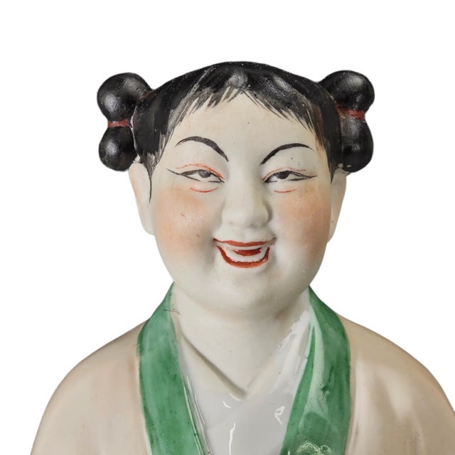 White Chinese Laughing Lady Holding Basket Statue Figurine For Sale - Image 8 of 11