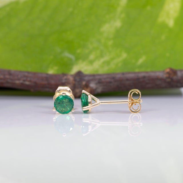 Zambian Emerald Martini Solitaire Stud Earrings in Solid 14k Gold, Round 4mm, Pair For Sale - Image 4 of 7