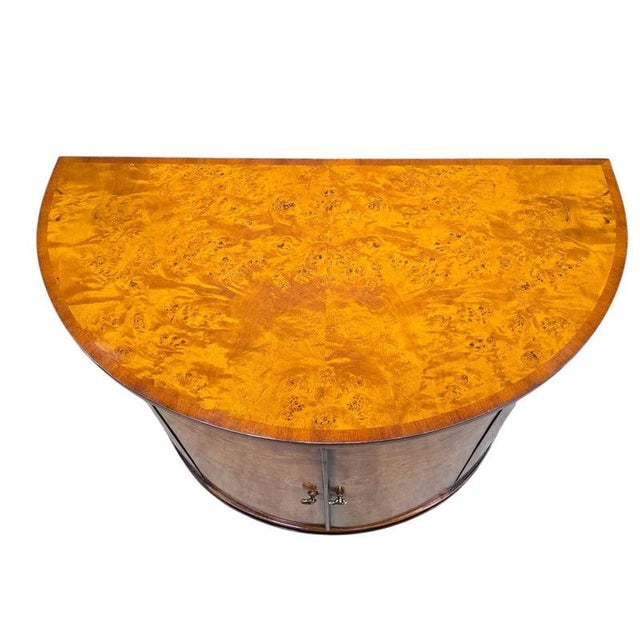 Vintage Neoclassical Regency Style Walnut Burl Demilune Cabinet For Sale - Image 4 of 8