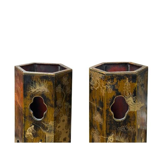 Pair Chinese Matte Gold Scenery Hexagonal Display Wood Brush Pots Vase For Sale - Image 15 of 18