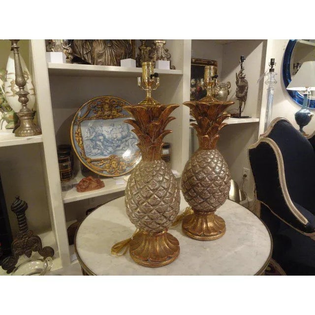 1960's Vintage Italian Gilt Terracotta Pineapple Lamps-Pair For Sale In Houston - Image 6 of 9