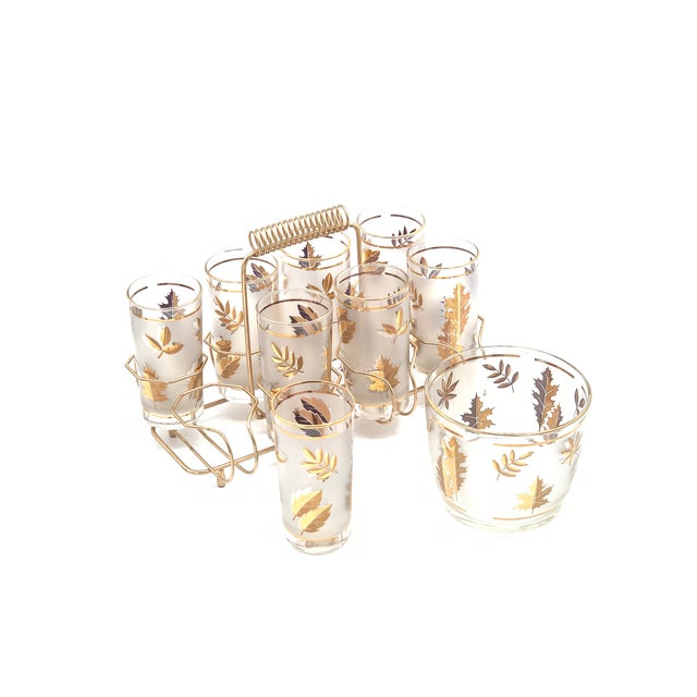 1960s Libbey Golden Foliage Drink Carrier, Ice Bucket and 8 Glasses For Sale In Greenville, SC - Image 6 of 6