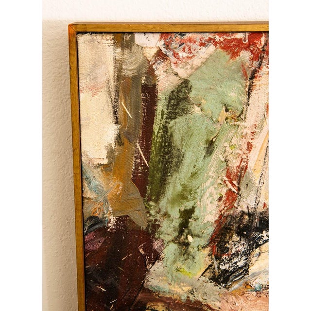 Mid Century Modern Oil Painting Abstract Expressionism Tan Red Yellow Signed For Sale - Image 12 of 12