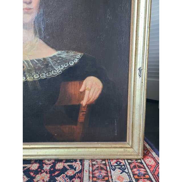 Antique 19th Century American Folk Art Oil Painting Portrait of a Woman in Black For Sale - Image 12 of 17