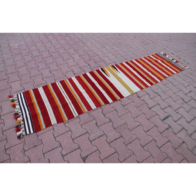 Mid-Century Modern 1970s Scandianvian Red Striped Kilim Runner For Sale - Image 3 of 9