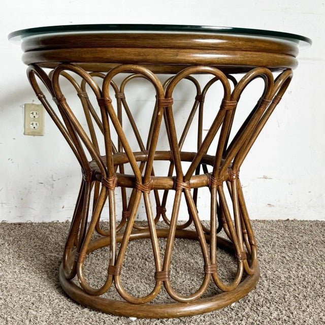 Boho Chic Boho Chic Bamboo Rattan Circular Beveled Glass Top Side Table For Sale - Image 3 of 7