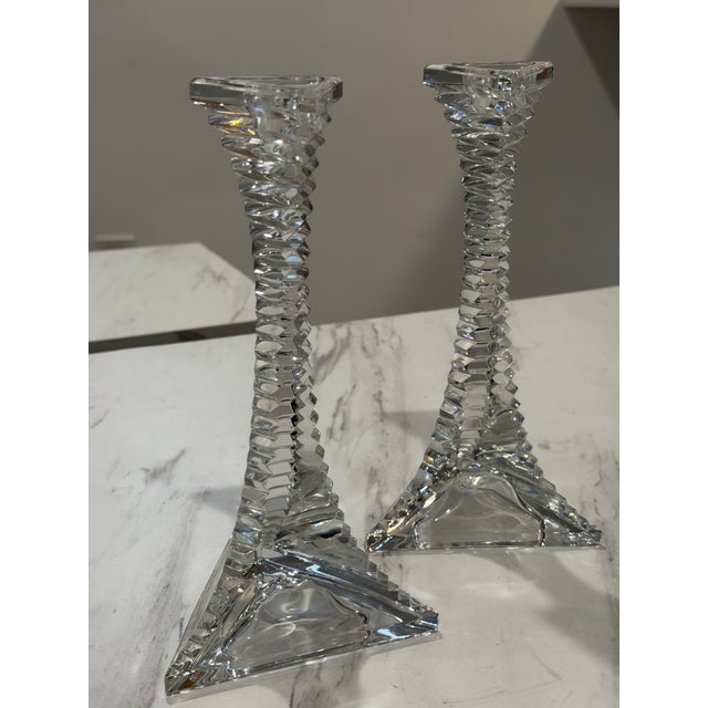 1980s 24% Lead Crystal Unique Triangle Eiffel Tower Shape Candle Holder Candlesticks For Sale - Image 5 of 8