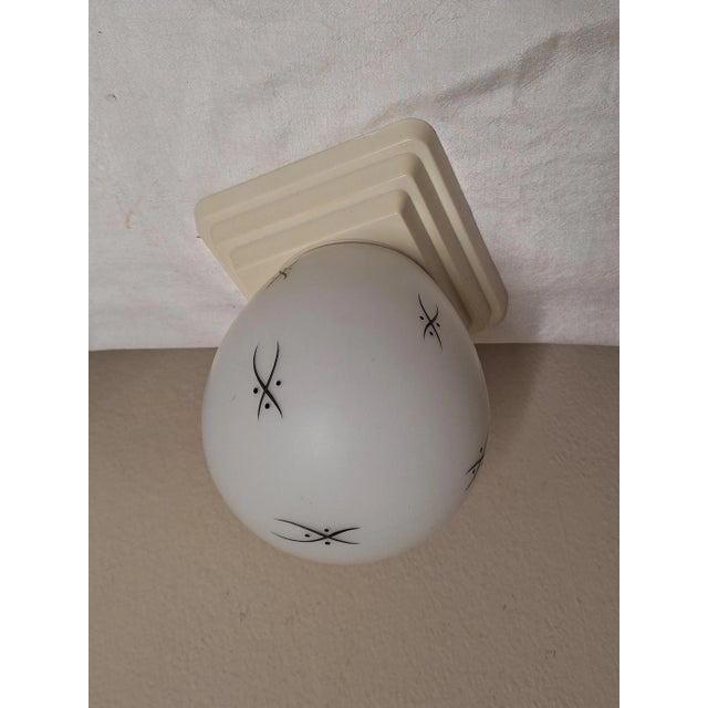 Mid-Century Modern Ceiling Lamp with Stepped Cream-White Bakelite Base and White Glass Shade with Hand-Painted Black Decor by Niko, 1950s For Sale - Image 4 of 8