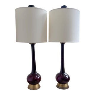 Rare Pair - Vintage Marbro Amethyst Art Glass Table Lamps, McM, C. 1960s, Brass Base, 58.5" Tall For Sale