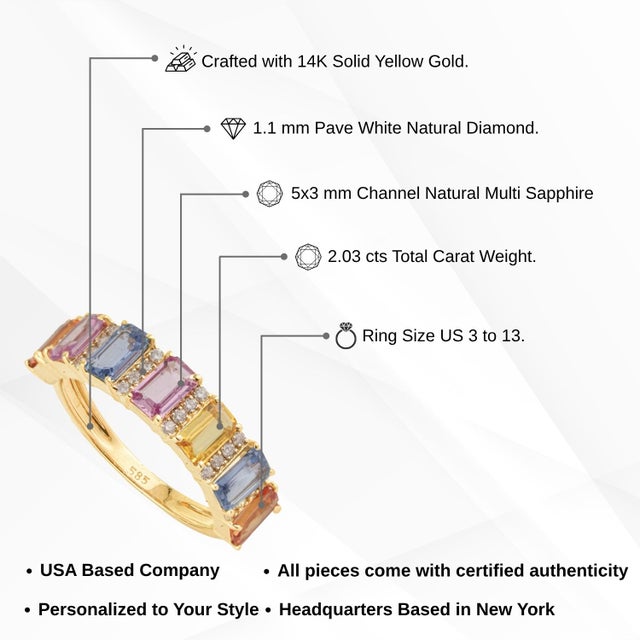 2.03 Carat Rainbow Sapphire & Diamond 14k Gold Band Ring Size 7 For Sale - Image 12 of 16