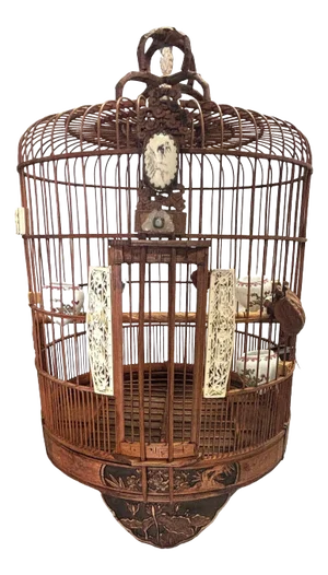 Antique Chinese Red Reed Rattan Birdcage Porcelain Feeder Bowls, Jade, Mother of Pearl, and Pin Lock