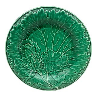 French Green Majolica Leaves Plate Montereau, Circa 1890 For Sale