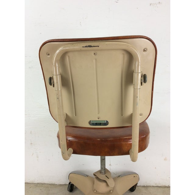 Mid Century Industrial Office Chair With Vintage Upholstery and Wheeled Base For Sale - Image 9 of 12