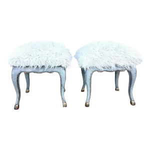 Pair of Italian Rococo Square Stools With Faux Sheepskin