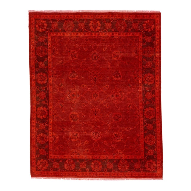 1960s Handmade Overdye Red Modern Art & Crafts Wool Rug With a Floral Pattern For Sale