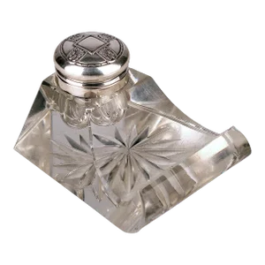 Late 19th Century Jugendstil German Cut Glass Crystal Inkwell With Polished 800 Silver Lid