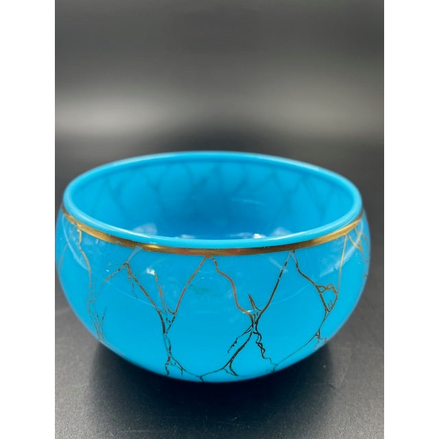 Mid 19th Century Beautiful Antique Blue Vitrified Opaline Bowl With Gilt Net Design For Sale - Image 11 of 12