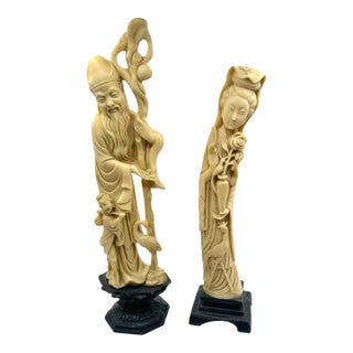 1970s A Pair of Carved Ivory-Like Resin Oriental Figurines For Sale