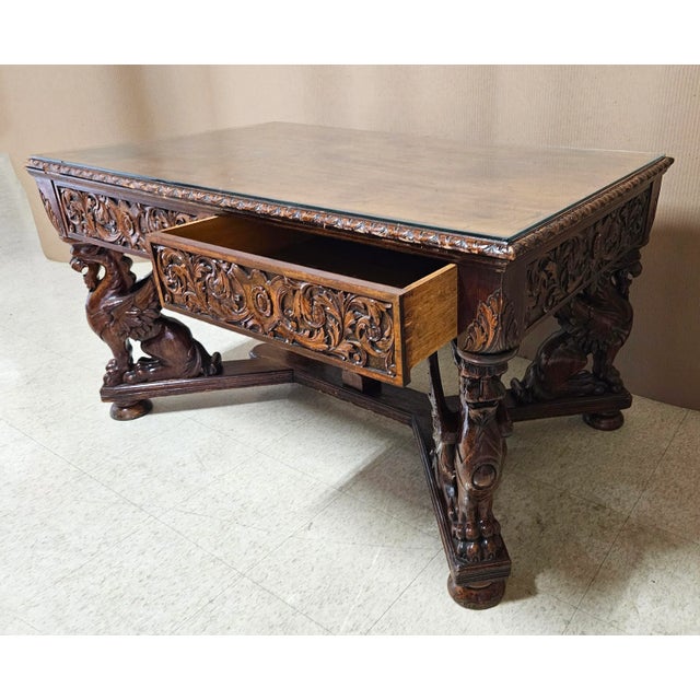Traditional Antique Library Table - Carved Renaissance Revival Style For Sale - Image 3 of 12