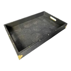Vintage Large Charcoal & Brown Circles Shagreen & Brass Tray
