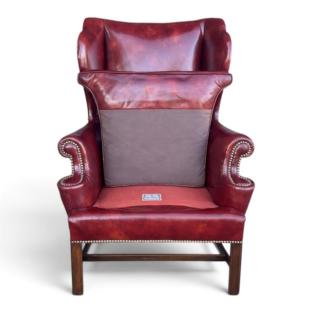 English Vintage Burgundy Leather Wingback Chair With Brass Nailhead Trim by Baker For Sale - Image 3 of 18