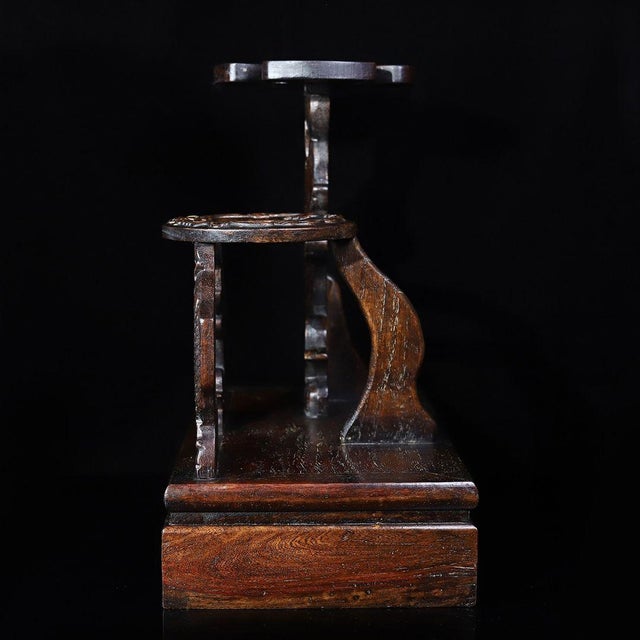 Brown Vintage Chinese Huali Rosewood Wine Rack | Carved Lotus & Carp Motif Display Stand For Sale - Image 8 of 9