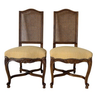 Vintage French Gilles Nouailhac Louis XV–Style Carved Wood & Cane Back Dining / Accent Chairs – Pair For Sale