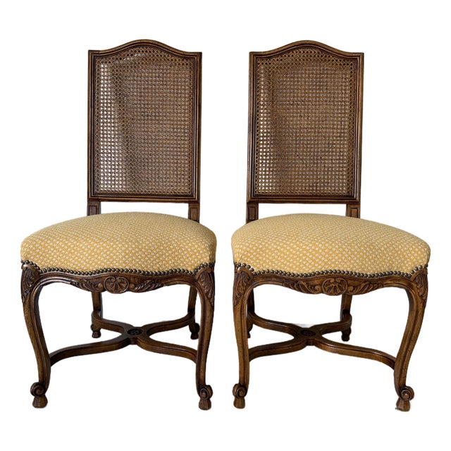 Vintage French Gilles Nouailhac Louis XV–Style Carved Wood & Cane Back Dining / Accent Chairs – Pair For Sale