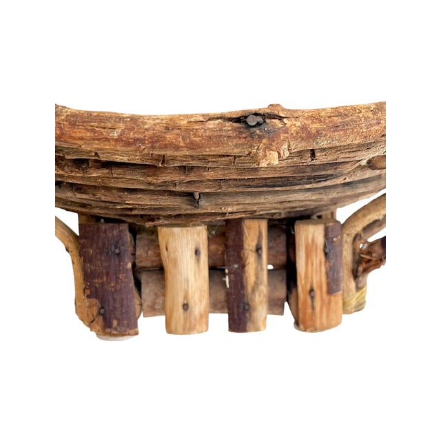 Mid 20th Century Vintage French Folk Art Adirondack Style Grapevine Gathering Basket With Double Handles, Mid-Century Rustic Market Basket 24” Wide For Sale - Image 5 of 18