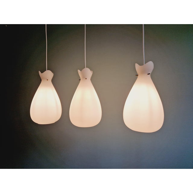 Scandinavian Pendant Lights in White Satin Glass and Brass, 1960s, Set of 3 For Sale - Image 11 of 18