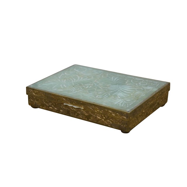 Chinoiserie Mid Century Chinese Brass & Jade Divided Keepsake Trinket Cigarette Box 6" For Sale - Image 3 of 15