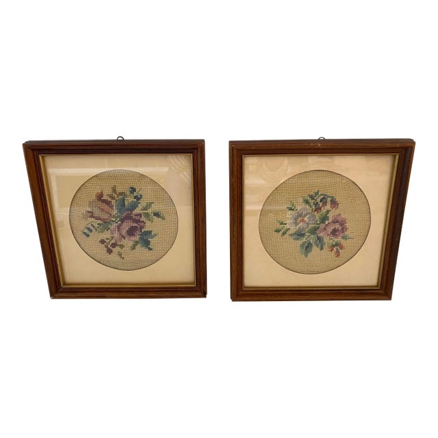 Pair of Vintage Framed Floral Needlepoints For Sale