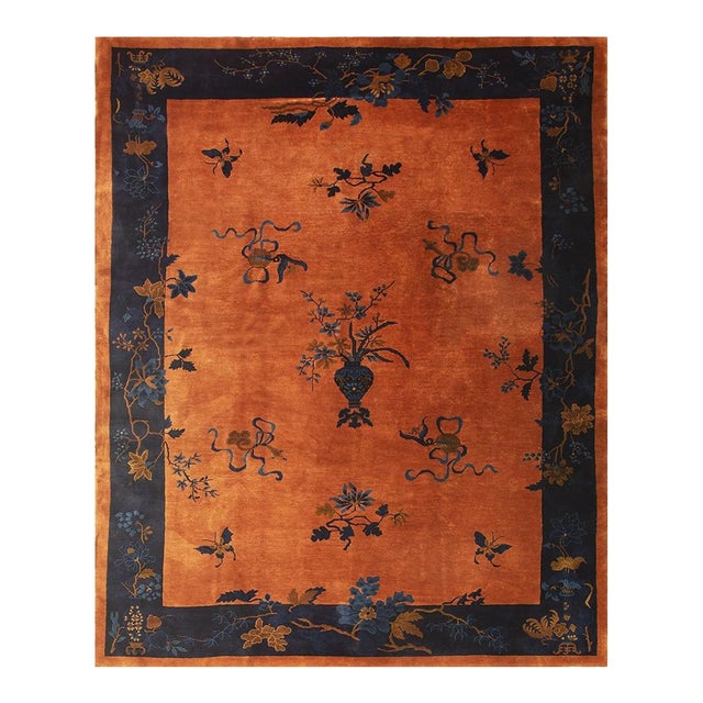 1920s Antique Orange Vase Floral Buterfly Chinese Handknotted Art Deco Wool Rug For Sale