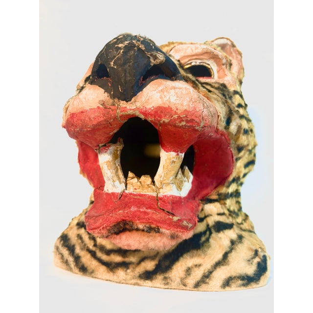 Folk Art Pair of Vintage Hand Painted Folk Art Tiger and Cheetah Masks For Sale - Image 3 of 12
