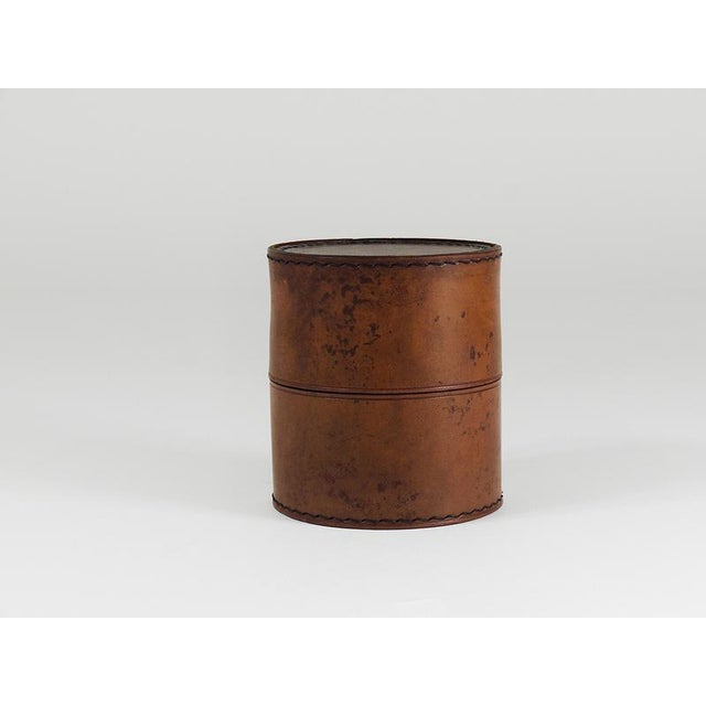 1950s Round Leather Storage Box with Lid attributed to Carl Auböck, Vienna, Austria, 1950s For Sale - Image 5 of 16