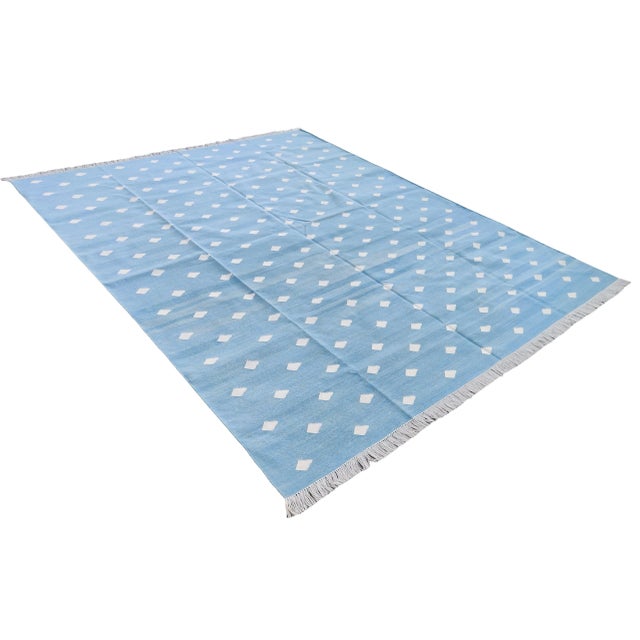 Handmade Cotton Pattern Leaf Pattern Rug, Sky Blue and White - 9'x12' For Sale - Image 11 of 11