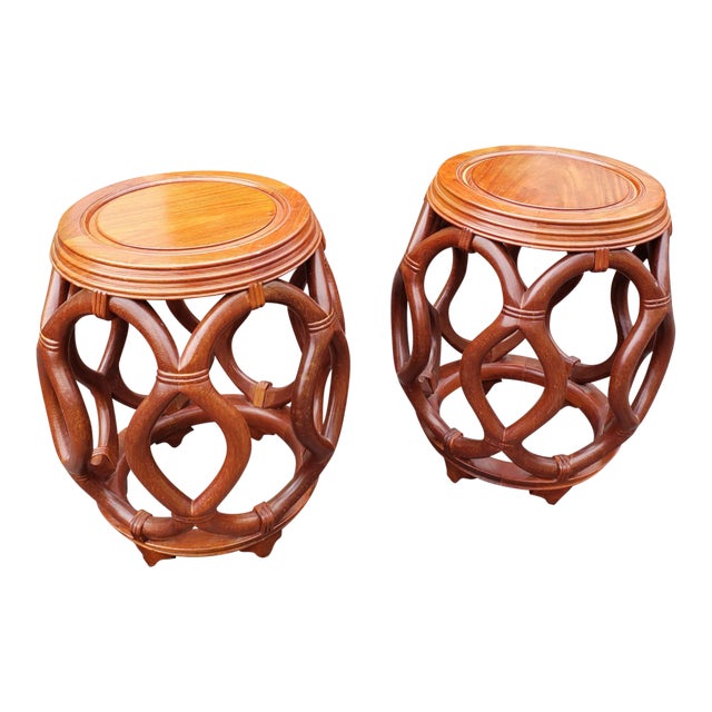 Pair of Chinese Solid Rosewood Faux Rattan Garden Style Stools or Side Tables For Sale