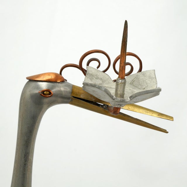 Silver Pair Chinese Mixed-Metal Pewter Crane Sculptures Candlesticks For Sale - Image 8 of 12